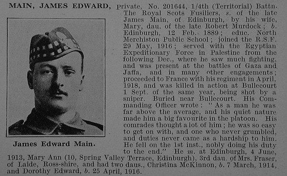 Main J E Pte 201644 4th Royal Scots Fusiliers Obit De Ruvignys Roll Of Honour Vol 5