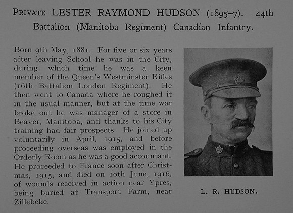 Hudson L R Pte 44th Attd 52nd Canadian Infantry (Manitoba Regiment) Obit Dulwich College Roll Of Honour
