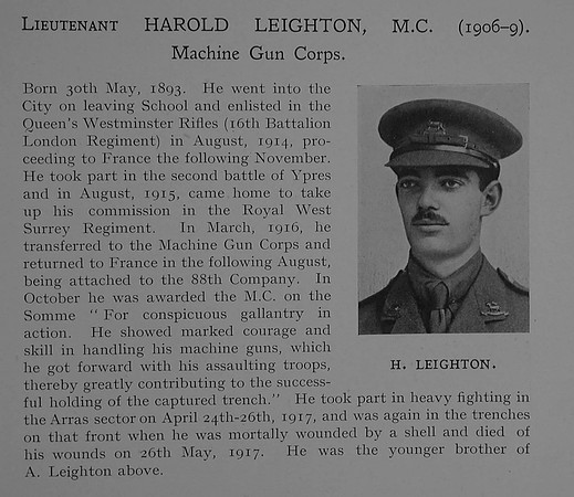 Leighton H Lt MC Machine Gun Corps Obit Dulwich College Roll Of Honour