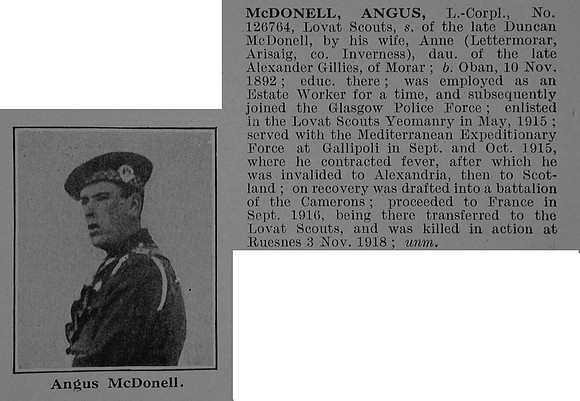 McDonell A LCpl 126764 Lovat Scouts Obit De Ruvignys Roll Of Honour Vol 5