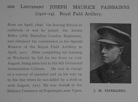 Fairbairns J M 2nd Lt Royal Field Artillery Obit Dulwich College Roll Of Honour