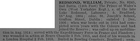 Redmond W Pte 8245 2nd West Yorkshire Regiment Obit De Ruvignys Roll Of Honour Vol 4