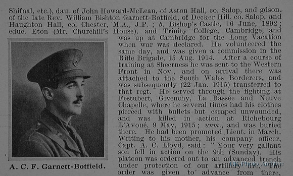 Garnett-Botfield A C F Lt 1st South Wales Borderers Obituary Part 2 De Ruvignys Roll Of Honour Vol 1