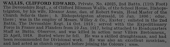 Wallis C E Pte 42625 2nd Devonshire Regiment Obit De Ruvignys Roll Of Honour Vol 4
