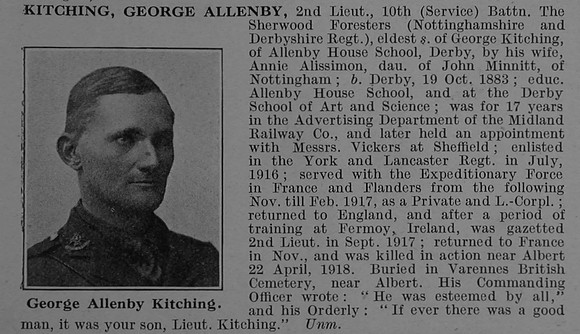 Kitching G A 2nd Lt 10th Notts & Derby Regiment Obit De Ruvignys Roll Of Honour Vol 4