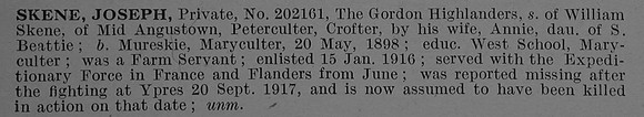 Skene J Pte 202161 4th Gordon Highlanders Short Obit De Ruvignys Roll Of Honour Vol 4
