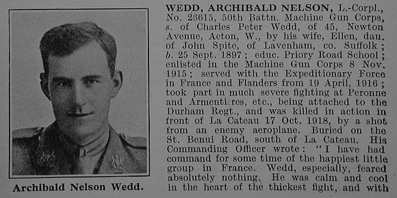 Wedd A N LCpl 26615 Machine Gun Corps Obit Part 1 De Ruvignys Roll Of Honour Vol 4