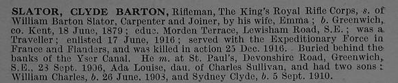Slator C B Rfn R-34183 17th King's Royal Rifle Corps Obit De Ruvignys Roll Of Honour Vol 4