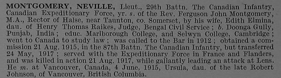 Montgomery N Lt 29th Canadian Infantry (British Columbia Regiment) Obit De Ruvignys Roll Of Honour Vol 4
