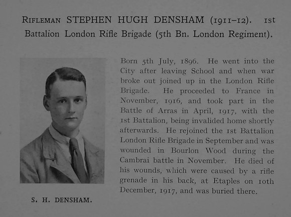 Densham S H Rfn 303254 5th London Regiment (London Rifle Brigade) Obit Dulwich College Roll Of Honour