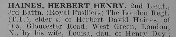 Haines H H 2nd Lt 3rd Royal Fusiliers Obit Part 1 De  Ruvignys Roll Of Honour Vol 3