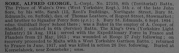 Sore A G L/Cpl 27536 West Yorkshire Regiment (Prince of Wales's Own) Obit De Ruvignys Roll Of Honour Vol 4