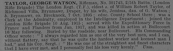 Taylor G W Rfn 301743 5th London Regiment (London Rifle Brigade) Obit De Ruvignys Roll Of Honour Vol 4