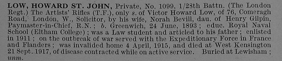 Low H St J Pte 1099 28th London Regiment Obit De Ruvignys Roll Of Honour Vol 4