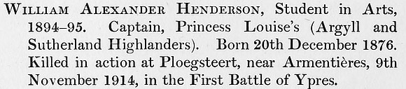 Henderson W A Captain Argyll Sutherland Highlanders Obit St Andrews University Roll Of Honour