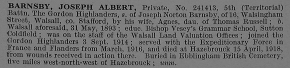 Barnsby J A Pte 241413 5th Gordon Highlanders Obit De Ruvignys Roll Of Honour Vol 4