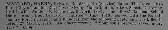 Mallard H Pte 5334 9th Royal Fusiliers Short Obit De Ruvignys Roll Of Honour Vol 4