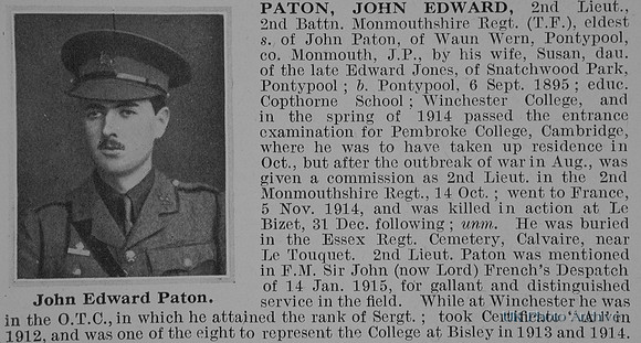 Paton J E 2nd Lt 2nd Monmouthshire Regiment Obit De Ruvignys Roll Of Honour Vol 1