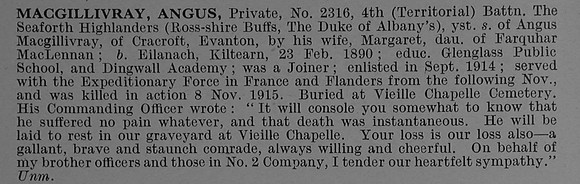 MacGillivray A Pte 2316 4th Seaforth Highlanders Obit De Ruvignys Roll Of Honour Vol 4