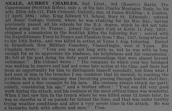 Neale A C 2nd Lt 10th Cameronians (Scottish Rifles) Obit De Ruvignys Roll Of Honour Vol 4