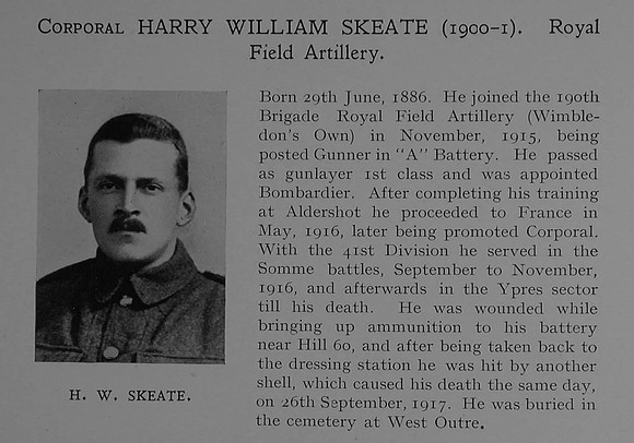 Skeate H W Cpl 1230 Royal Field Artillery Obit Dulwich College Roll Of Honour