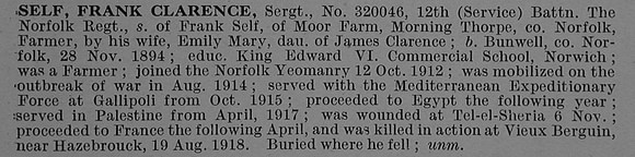 Self F C Sergt 320046 12th Norfolk Regiment Obit De Ruvignys Roll Of Honour Vol 4