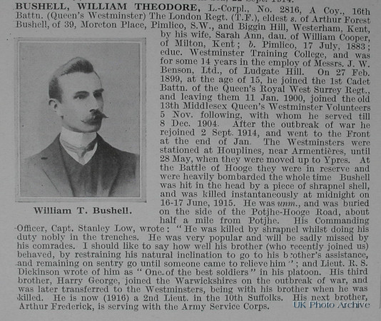 Bushell W T LCpl 2816 16th London Regiment Obituary De Ruvignys Roll Of Honour Vol 1