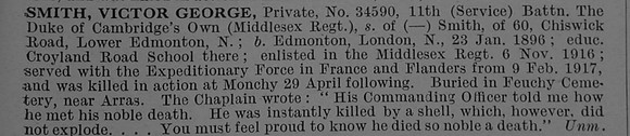 Smith V G Pte 34590 11th Middlesex Regiment Obit De Ruvignys Roll Of Honour Vol 4