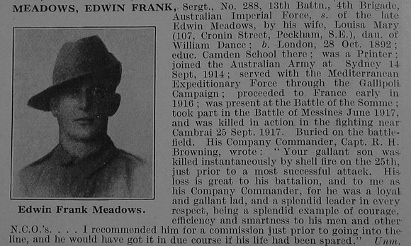 Meadows E F Sergt 13th Australian Imperial Force Obit De Ruvignys Roll Of Honour Vol 3