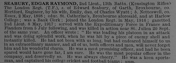 Seabury E R 2nd Lt 13th London Regiment (Kensington) Obit De Ruvignys Roll Of Honour Vol 4