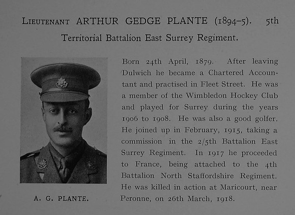 Plante A G Lt 5th East Surrey Regiment Obit Dulwich College Roll Of Honour