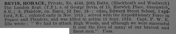 Bevis H Pte 4548 20th London Regiment