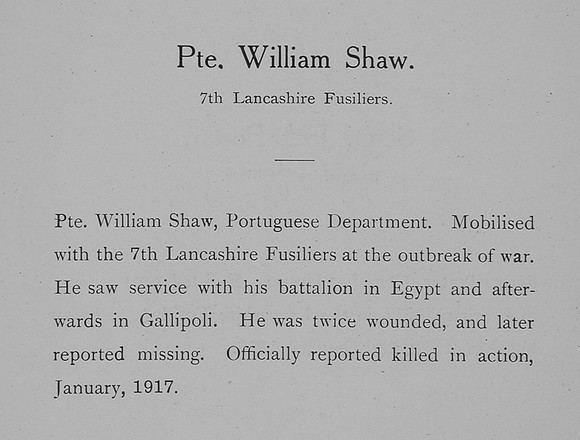 Shaw W Pte 7th Lancashire Fusiliers Obituary William Graham & Co Record Of Great War