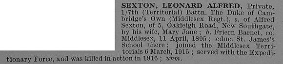 Sexton L A Pte TF4191 7th Middlesex Regiment Short Obit De Ruvignys Roll Of Honour Vol 4