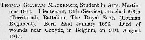 Mackenzie T G Lt 6th Royal Scots Obit St Andrews University Roll Of Honour