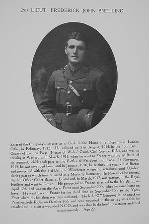 Snelling F J 2nd Lt 7th Royal Fusiliers Northern Assurance Co War Record