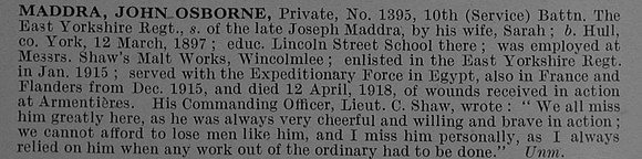 Maddra J O Pte 1395 10th East Yorkshire Regiment Obit De Ruvignys Roll Of Honour Vol 4