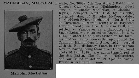 MacLellan M Pte 30692 5th Cameron Highlanders Obit De Ruvignys Roll Of Honour Vol 4