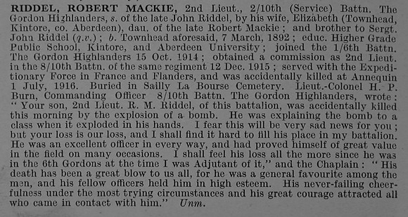 Riddel R M 2nd Lt 10th Gordon Highlanders Obit De Ruvignys Roll Of Honour Vol 4