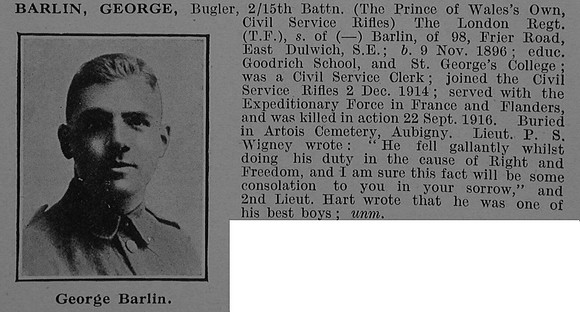 Barlin G Bugler 15th London Regiment Obit De Ruvignys Roll Of Honour Vol 4