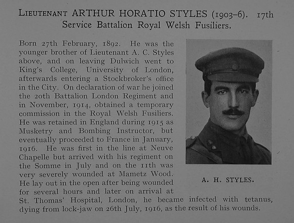 Styles A H Lt 17th Royal Welsh Fusiliers Obit Dulwich College Roll Of Honour