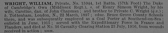 Wright W Pte 15944 1st Middlesex Regiment Obit De Ruvignys Roll Of Honour Vol 4