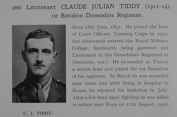 Tiddy C J 2nd Lt 1st Dorset Regiment Obit Dulwich College Roll Of Honour