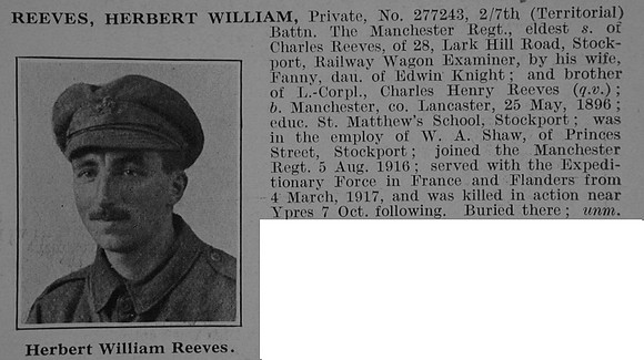 Reeves H W Pte 277243 7th Manchester Regiment Obit De Ruvignys Roll Of Honour Vol 3