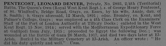 Pentecost L D Pte 2893 4th Queen's Own Royal West Kent Regiment Obit De Ruvignys Roll Of Honour Vol 4