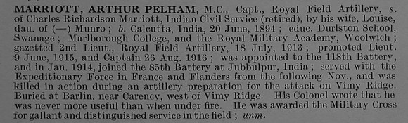 Marriott A P Captain MC Royal Field Artillery Obit De Ruvignys Roll Of Honour Vol 4
