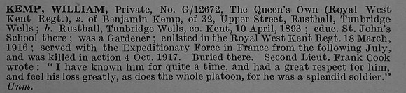 Kemp W Pte G/12672 Queens Own Royal West Kent Regiment Obit De Ruvignys Roll Of Honour Vol 4