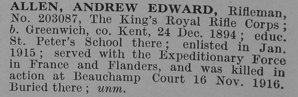 Allan A E Rfn King's Royal Rifle Corps Obit De Ruvignys Roll Of Honour Vol 4