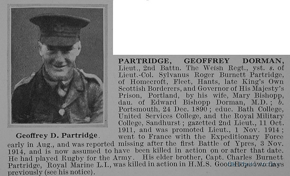 Partridge G D Lt 2nd Welsh Regiment Obit De Ruvignys Roll Of Honour Vol 1