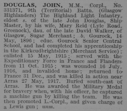 Douglas  J Cpl MM 9th Highland Light Infantry Obit De Ruvignys Roll Of Honour Vol 3